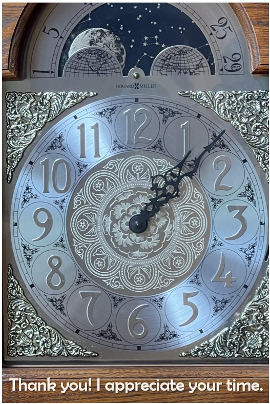 Image- Thank you I appreciate your time with picture of a clock