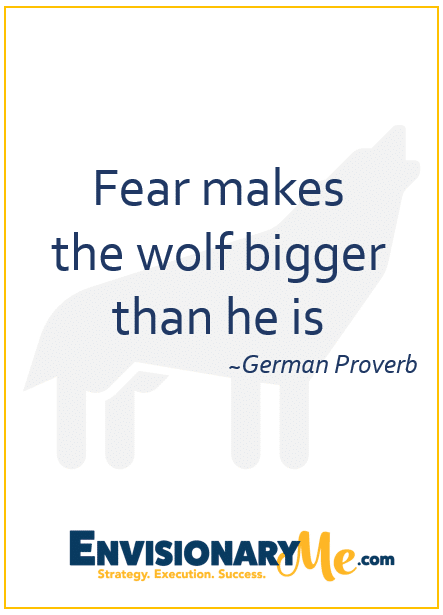 Background picture of wolf with German proverb, Fear makes the wolf bigger than he is