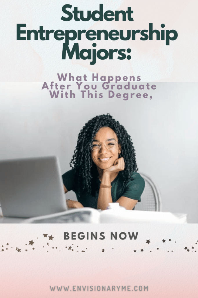 A beautiful college student at her desk with the words Student Entrepreneurship Majors: What Happens After You Graduate With This Business Degree, Begins Now.