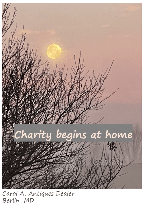 Image of the moon in the sky at dusk with words Charity begins at home.