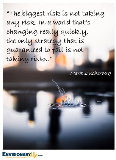 Image of water with silhouette of city and a small splash with the words "The biggest risk is not taking any risk. In a world that's changing really quickly, the only strategy that is guaranteed to fail is not taking risks." quote by Mark Zuckerberg