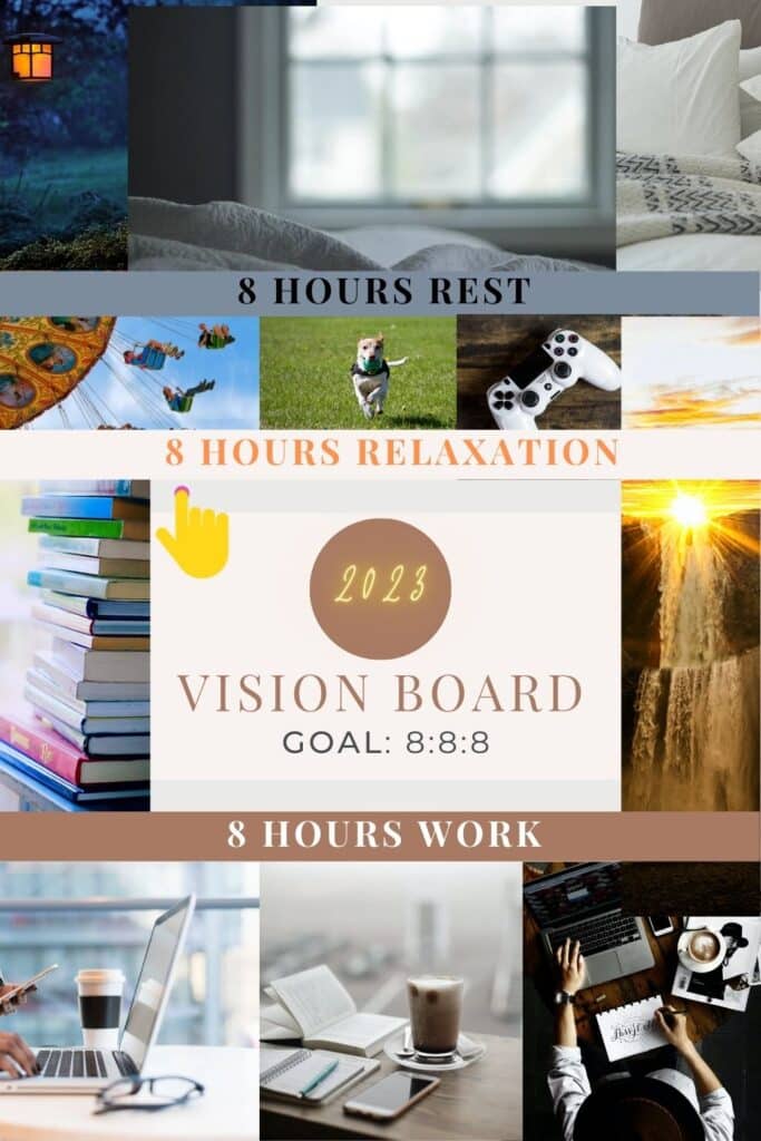 Vision board image with words 8 hours rest, 8 hours relaxation 8 hours work