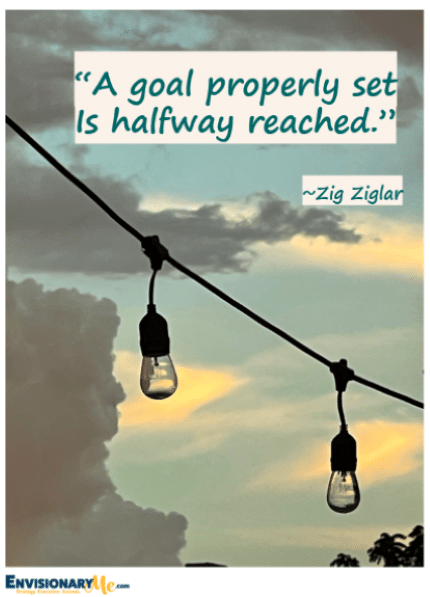 Image of lights hanging with quote by Zig Ziglar "A goal properly set is halfway reached."