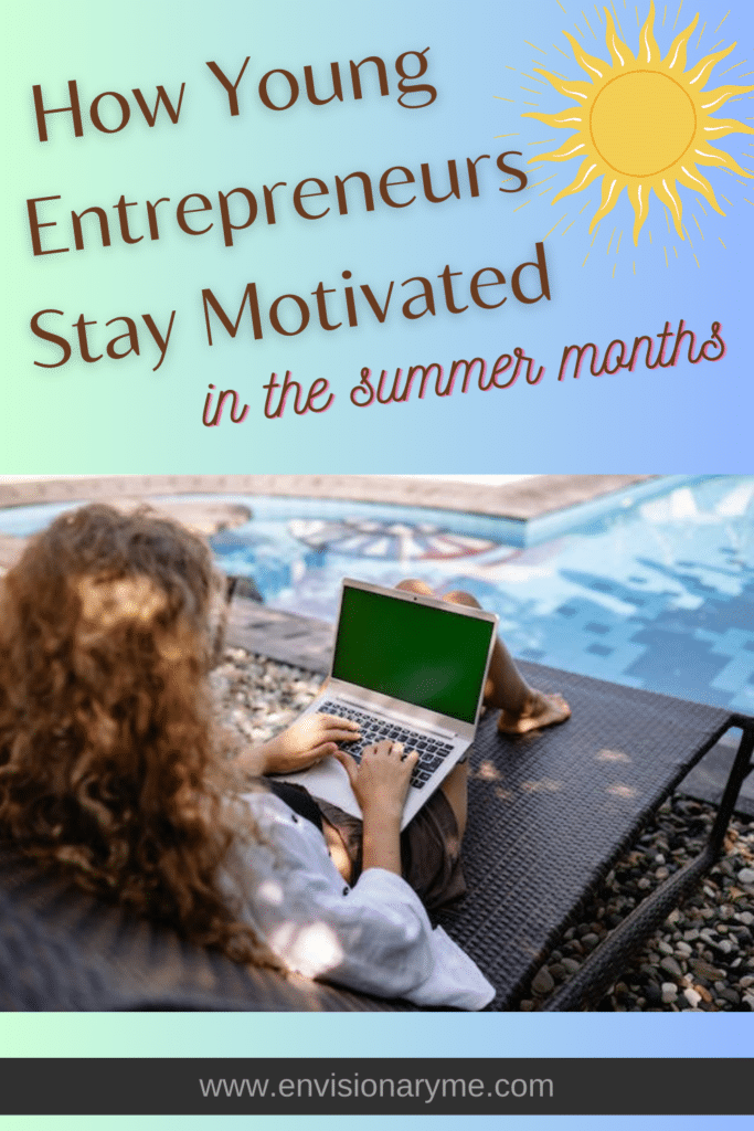 How Young Entrepreneurs Stay Motivated in the Summer Months. Image of female entrepreneur at the pool with her laptop
