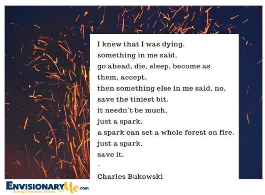 Image of fire embers in background with words I knew that I was dying. something in me said, go ahead, die, sleep, become as them, accept. Then something else in me said no save the tiniest bit. It needn't be much. Just a spark. A spark can set a whole forest on fire.. Just a spark. Save it/  by Charles Bukowski