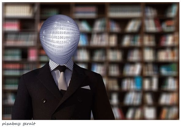 Man without face with bookshelves blurred in background