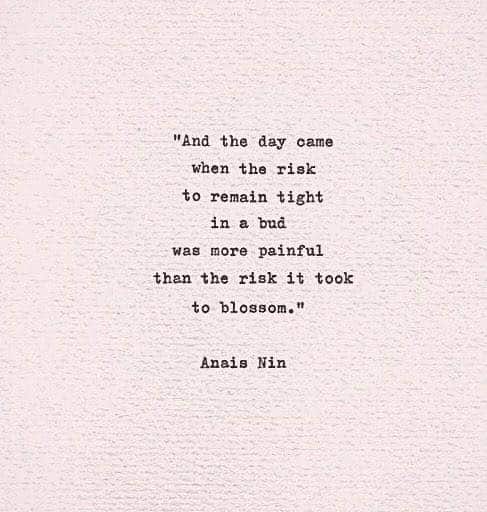 Quote image that reads "And the day came when the risk to remain tight in a bud was more painful than the risk it took to blossom." by Anais Nin