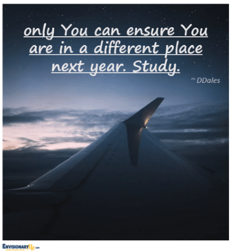 Image of wing of airplane with quote Only You can ensure you are in a different place next year. Study. by Denise Dales